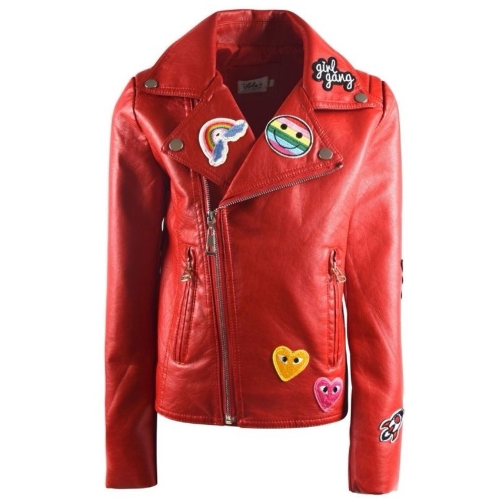 Lola + The Boys Red Vegan Faux Leather Moto Jacket with Colorful Patches